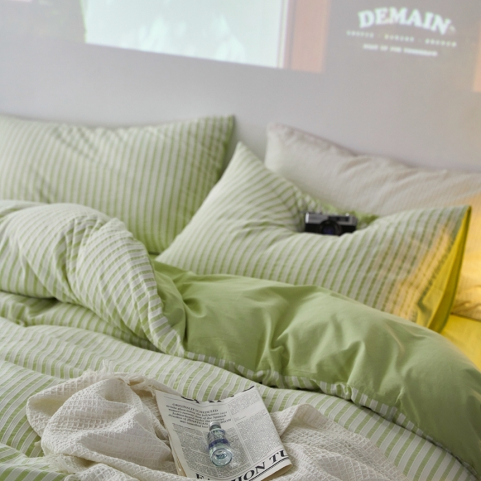 91家纺网 家纺一手货源 找家纺 安莱 2023新款爆款水洗棉提花锦瑟基础款四件套 锦瑟基础款-嫩绿