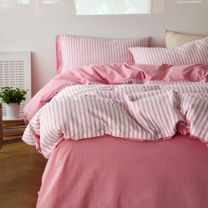 91家纺网 家纺一手货源 找家纺 安莱 2023新款爆款水洗棉提花锦瑟基础款四件套 锦瑟基础款-桃粉