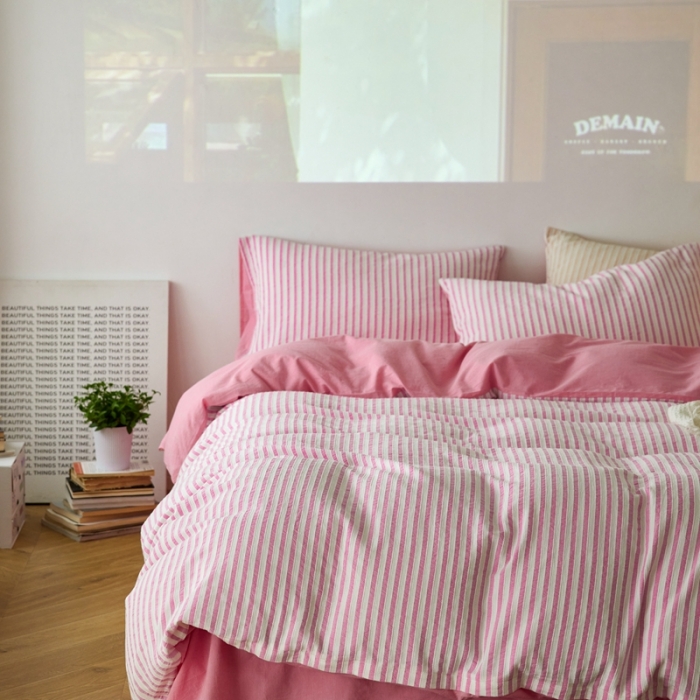 91家纺网 家纺一手货源 找家纺 安莱 2023新款爆款水洗棉提花锦瑟基础款四件套 锦瑟基础款-桃粉