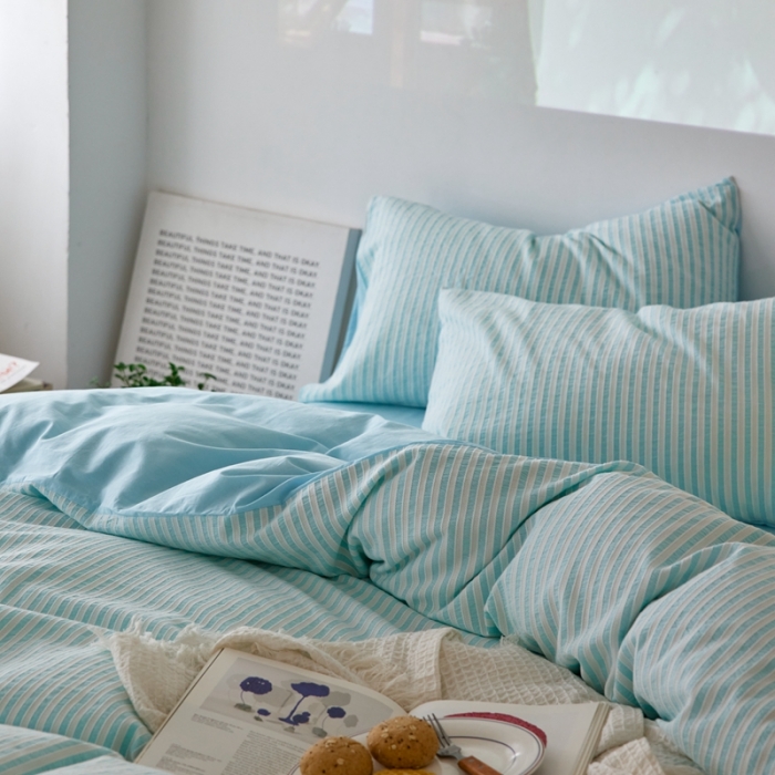 91家纺网 家纺一手货源 找家纺 安莱 2023新款爆款水洗棉提花锦瑟基础款四件套 锦瑟基础款-天蓝