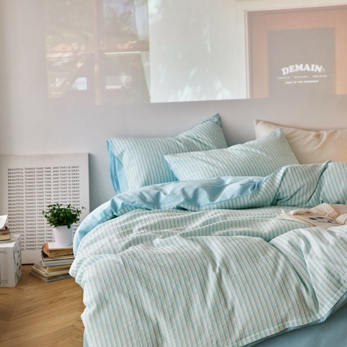 91家纺网 家纺一手货源 找家纺 安莱 2023新款爆款水洗棉提花锦瑟基础款四件套 锦瑟基础款-天蓝