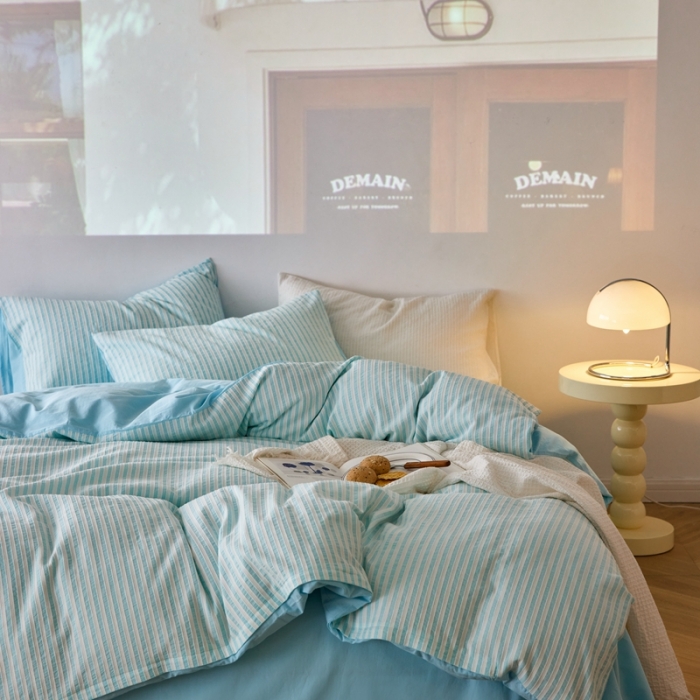 91家纺网 家纺一手货源 找家纺 安莱 2023新款爆款水洗棉提花锦瑟基础款四件套 锦瑟基础款-天蓝