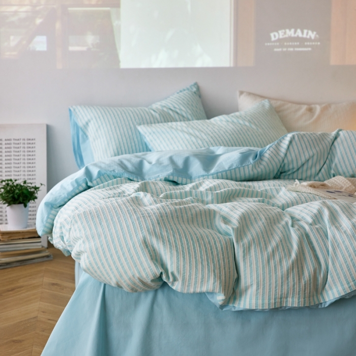 91家纺网 家纺一手货源 找家纺 安莱 2023新款爆款水洗棉提花锦瑟基础款四件套 锦瑟基础款-天蓝