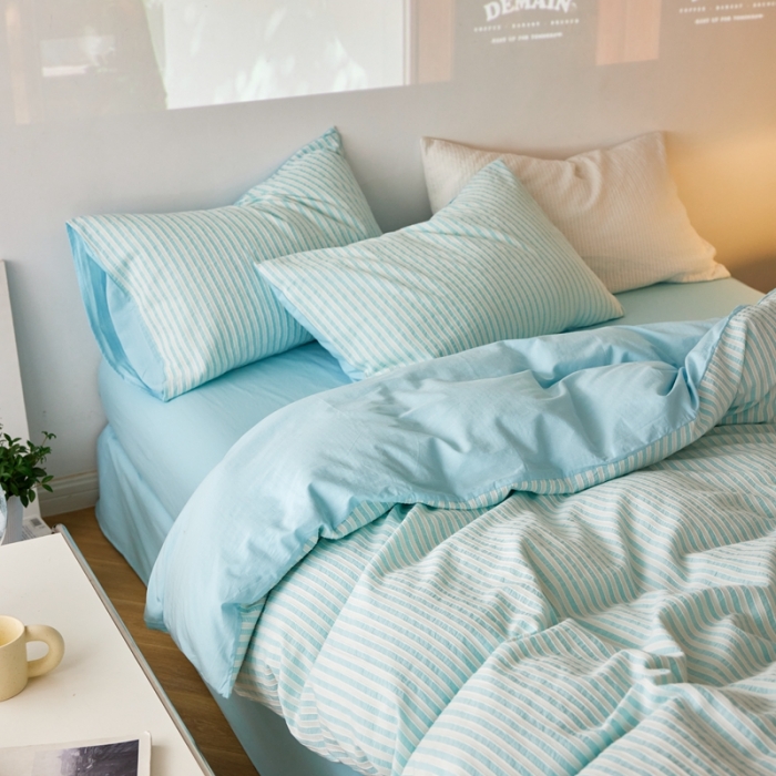 91家纺网 家纺一手货源 找家纺 安莱 2023新款爆款水洗棉提花锦瑟基础款四件套 锦瑟基础款-天蓝