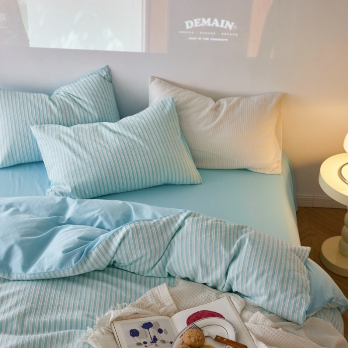 91家纺网 家纺一手货源 找家纺 安莱 2023新款爆款水洗棉提花锦瑟基础款四件套 锦瑟基础款-天蓝