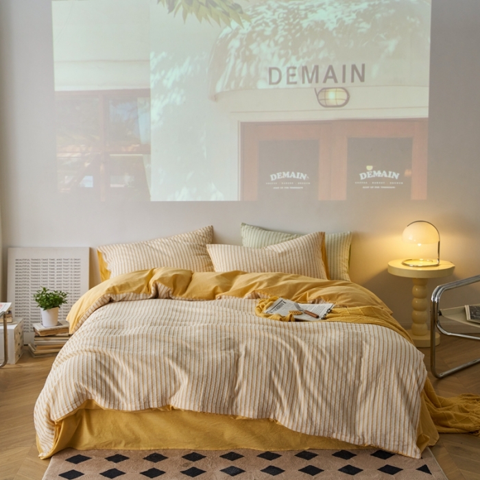 91家纺网 家纺一手货源 找家纺 安莱 2023新款爆款水洗棉提花锦瑟基础款四件套 锦瑟基础款-驼黄