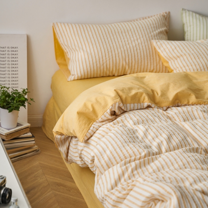 91家纺网 家纺一手货源 找家纺 安莱 2023新款爆款水洗棉提花锦瑟基础款四件套 锦瑟基础款-驼黄