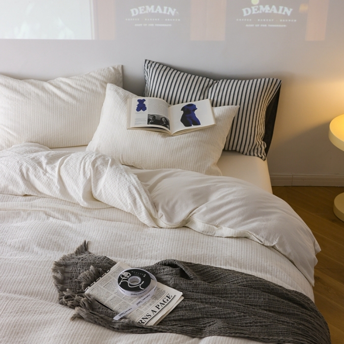 91家纺网 家纺一手货源 找家纺 安莱 2023新款爆款水洗棉提花锦瑟基础款四件套 锦瑟基础款-盐白