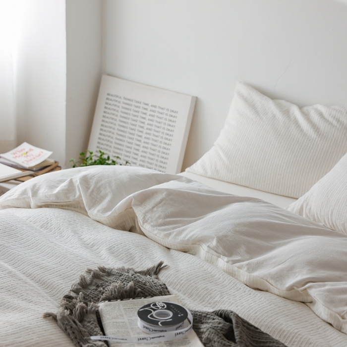 91家纺网 家纺一手货源 找家纺 安莱 2023新款爆款水洗棉提花锦瑟基础款四件套 锦瑟基础款-盐白