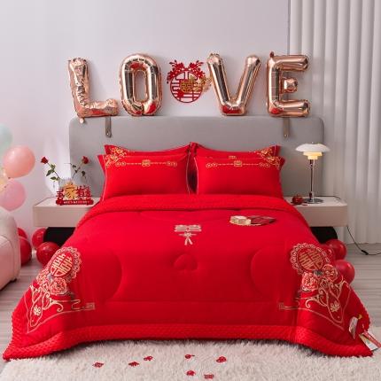 91家纺网 家纺一手货源 找家纺 卓缦 2024新款婚庆被豆豆毯毛毯婚庆喜被婚庆豆豆被子 喜结良缘