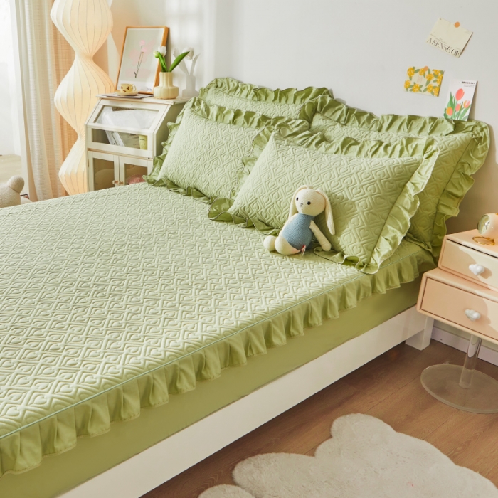 91家纺网 家纺一手货源 找家纺 宜凡 2023新款全棉印花床笠三件套 抹茶