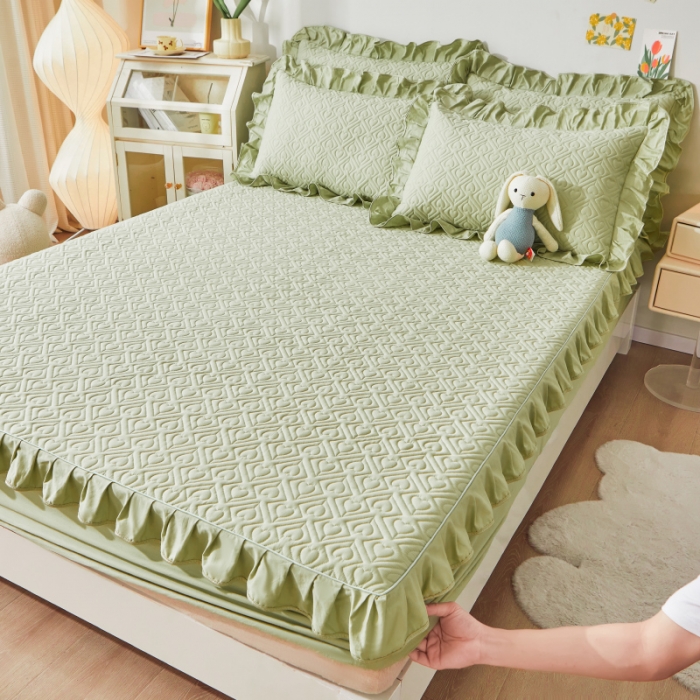 91家纺网 家纺一手货源 找家纺 宜凡 2023新款全棉印花床笠三件套 抹茶