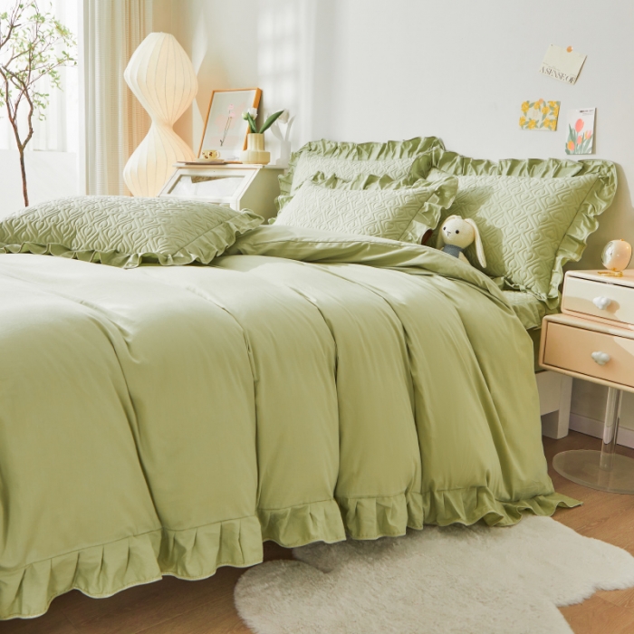 91家纺网 家纺一手货源 找家纺 宜凡 2023新款全棉印花床笠四件套 抹茶