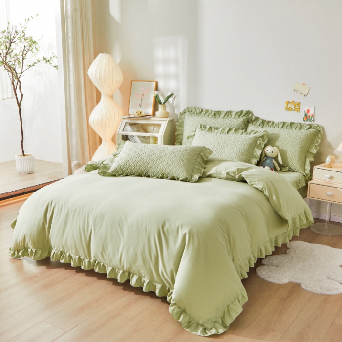 91家纺网 家纺一手货源 找家纺 宜凡 2023新款全棉印花床笠四件套 抹茶