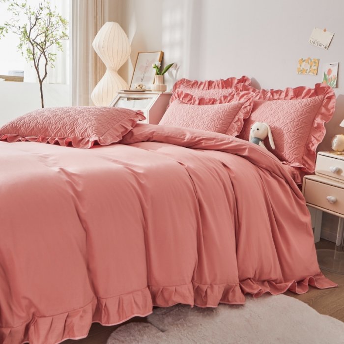 91家纺网 家纺一手货源 找家纺 宜凡 2023新款全棉印花床笠四件套 洋红