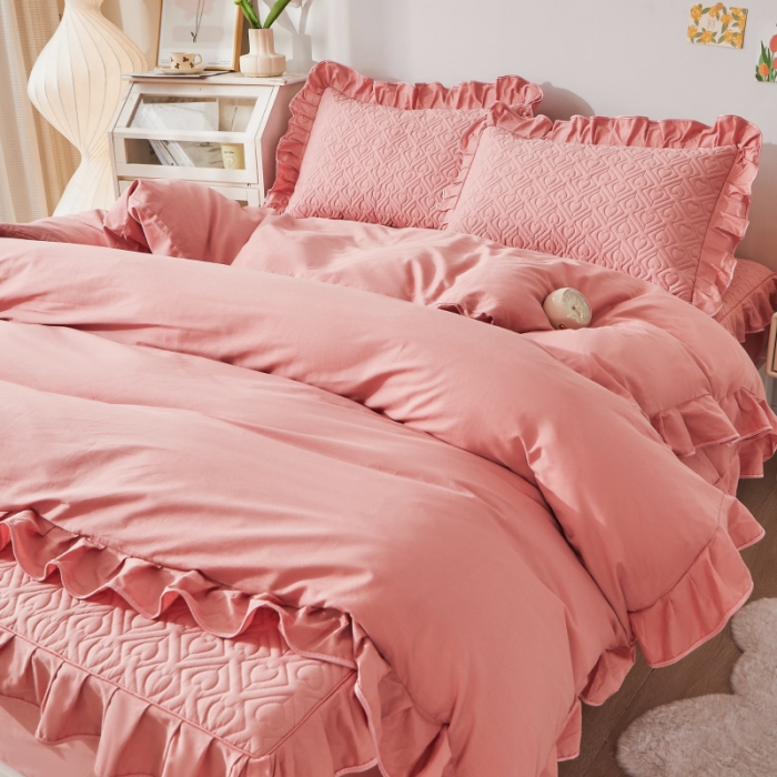 91家纺网 家纺一手货源 找家纺 宜凡 2023新款全棉印花床笠四件套 洋红