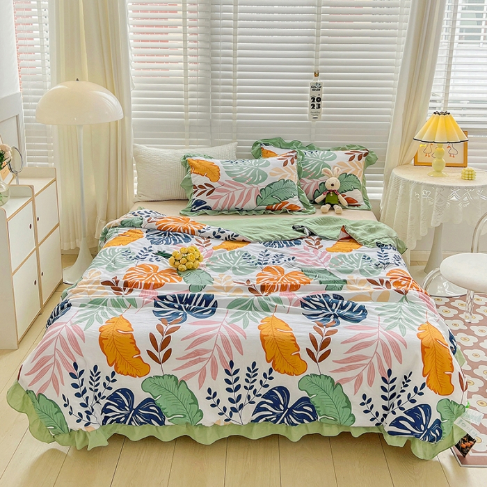 91家纺网 家纺一手货源 找家纺 星巴K 2023新款仙女款荷叶边水洗棉夏被韩版夏凉被空调被 芭蕉叶