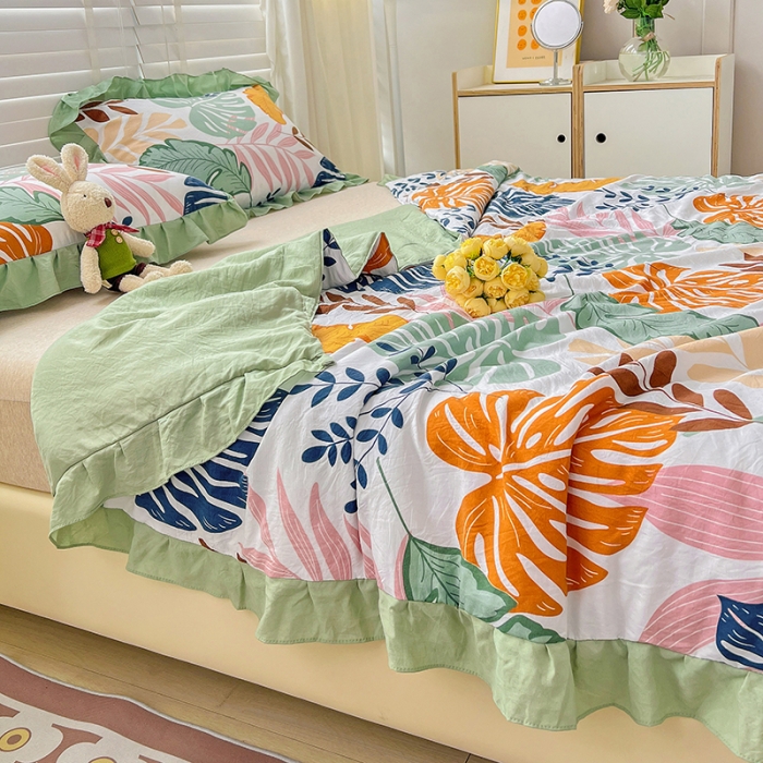 91家纺网 家纺一手货源 找家纺 星巴K 2023新款仙女款荷叶边水洗棉夏被韩版夏凉被空调被 芭蕉叶