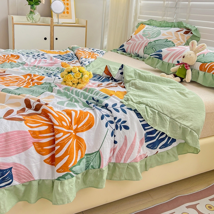 91家纺网 家纺一手货源 找家纺 星巴K 2023新款仙女款荷叶边水洗棉夏被韩版夏凉被空调被 芭蕉叶