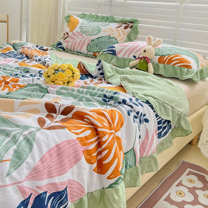 91家纺网 家纺一手货源 找家纺 星巴K 2023新款仙女款荷叶边水洗棉夏被韩版夏凉被空调被 芭蕉叶