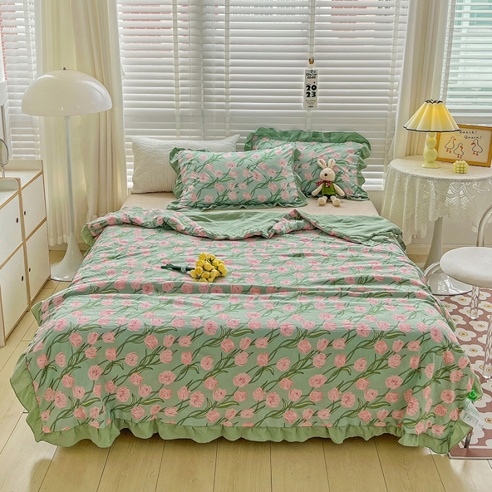 91家纺网 家纺一手货源 找家纺 星巴K 2023新款仙女款荷叶边水洗棉夏被韩版夏凉被空调被 花海