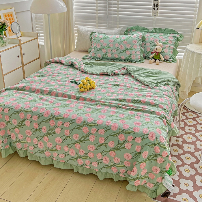 91家纺网 家纺一手货源 找家纺 星巴K 2023新款仙女款荷叶边水洗棉夏被韩版夏凉被空调被 花海