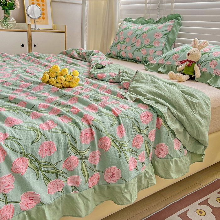 91家纺网 家纺一手货源 找家纺 星巴K 2023新款仙女款荷叶边水洗棉夏被韩版夏凉被空调被 花海