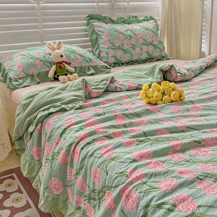 91家纺网 家纺一手货源 找家纺 星巴K 2023新款仙女款荷叶边水洗棉夏被韩版夏凉被空调被 花海