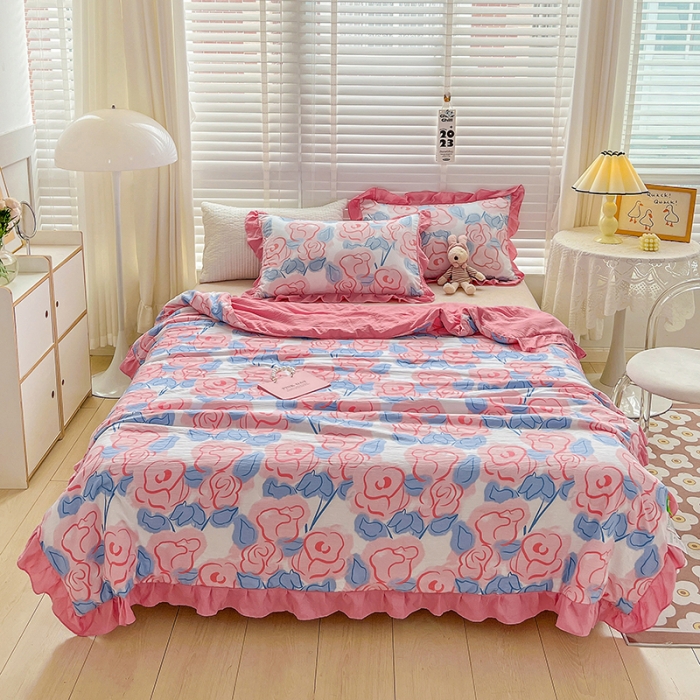 91家纺网 家纺一手货源 找家纺 星巴K 2023新款仙女款荷叶边水洗棉夏被韩版夏凉被空调被 玫瑰