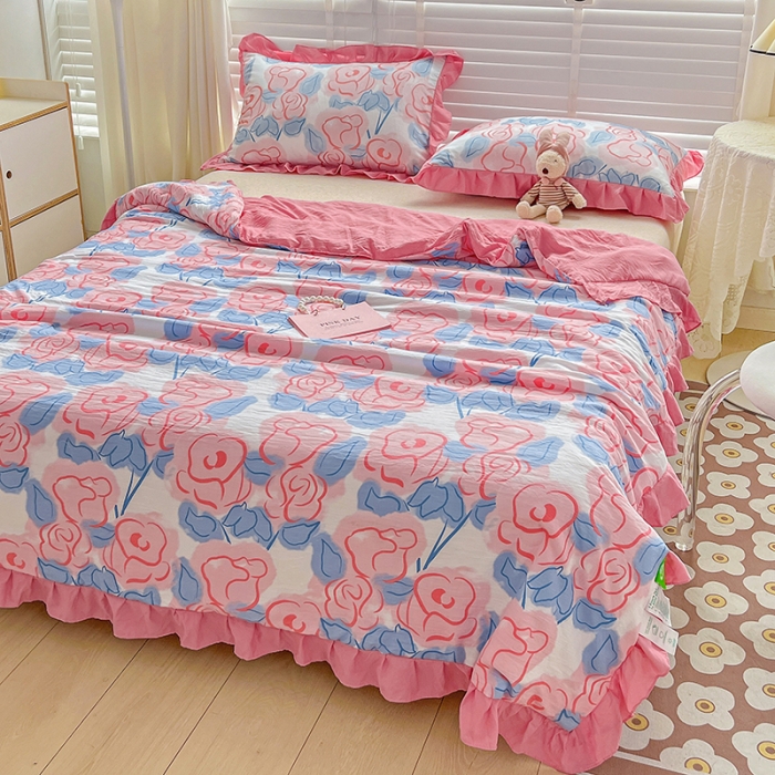 91家纺网 家纺一手货源 找家纺 星巴K 2023新款仙女款荷叶边水洗棉夏被韩版夏凉被空调被 玫瑰