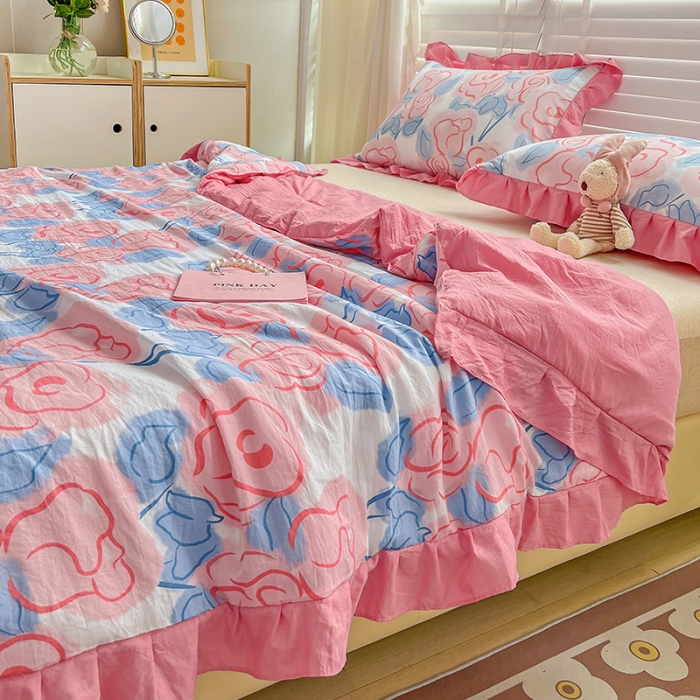 91家纺网 家纺一手货源 找家纺 星巴K 2023新款仙女款荷叶边水洗棉夏被韩版夏凉被空调被 玫瑰