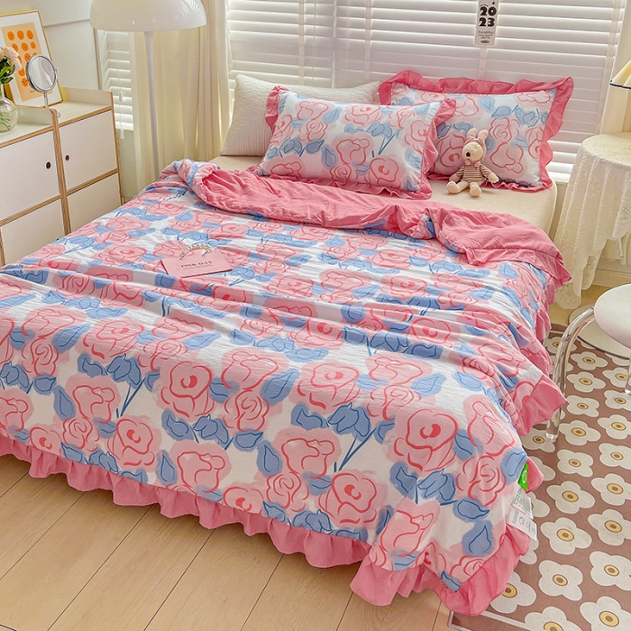 91家纺网 家纺一手货源 找家纺 星巴K 2023新款仙女款荷叶边水洗棉夏被韩版夏凉被空调被 玫瑰