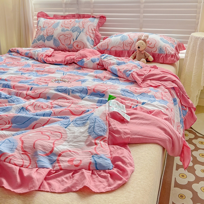 91家纺网 家纺一手货源 找家纺 星巴K 2023新款仙女款荷叶边水洗棉夏被韩版夏凉被空调被 玫瑰