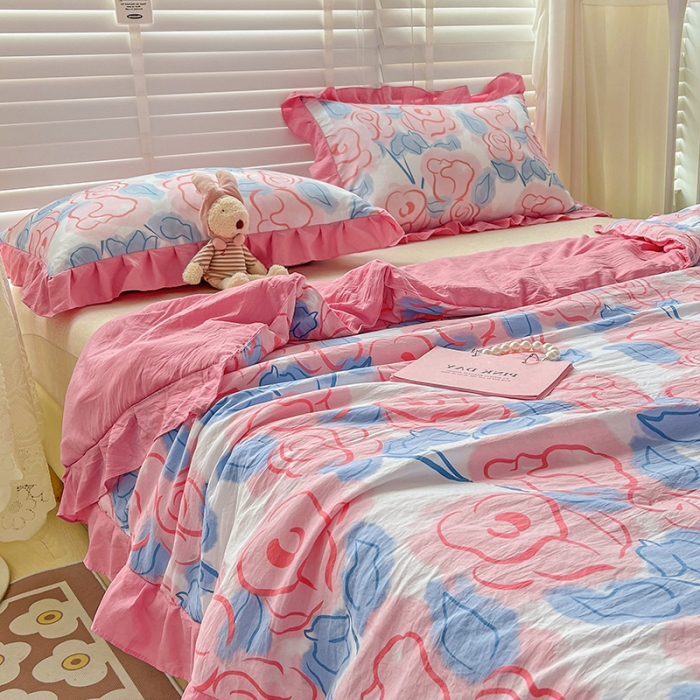 91家纺网 家纺一手货源 找家纺 星巴K 2023新款仙女款荷叶边水洗棉夏被韩版夏凉被空调被 玫瑰