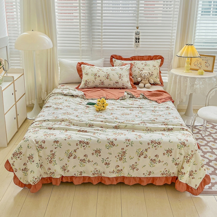 91家纺网 家纺一手货源 找家纺 星巴K 2023新款仙女款荷叶边水洗棉夏被韩版夏凉被空调被 蜜橘