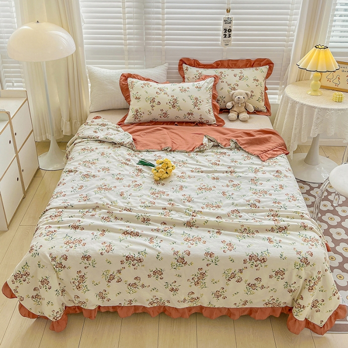 91家纺网 家纺一手货源 找家纺 星巴K 2023新款仙女款荷叶边水洗棉夏被韩版夏凉被空调被 蜜橘