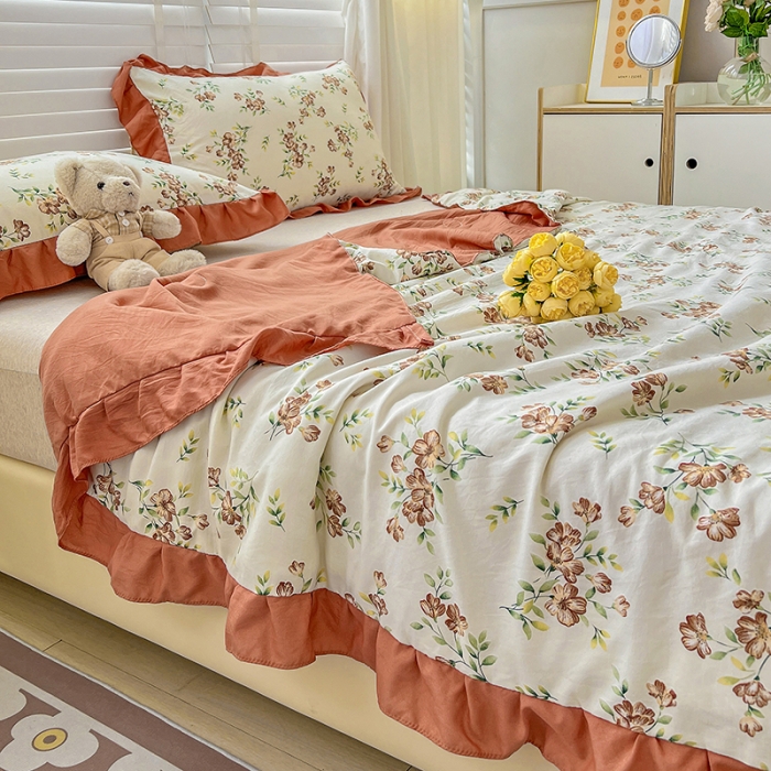 91家纺网 家纺一手货源 找家纺 星巴K 2023新款仙女款荷叶边水洗棉夏被韩版夏凉被空调被 蜜橘