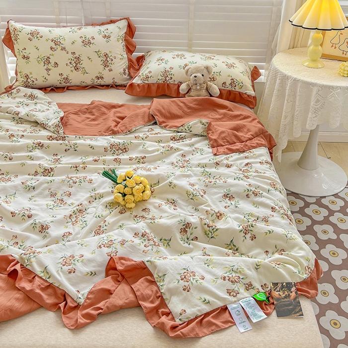 91家纺网 家纺一手货源 找家纺 星巴K 2023新款仙女款荷叶边水洗棉夏被韩版夏凉被空调被 蜜橘