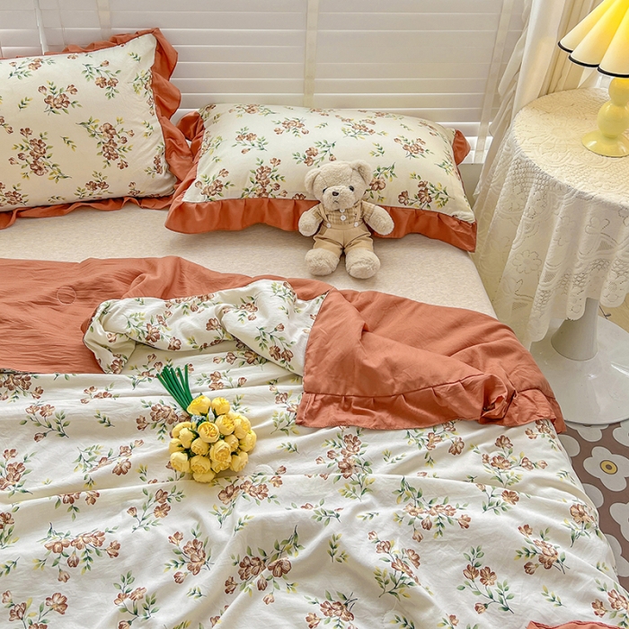 91家纺网 家纺一手货源 找家纺 星巴K 2023新款仙女款荷叶边水洗棉夏被韩版夏凉被空调被 蜜橘