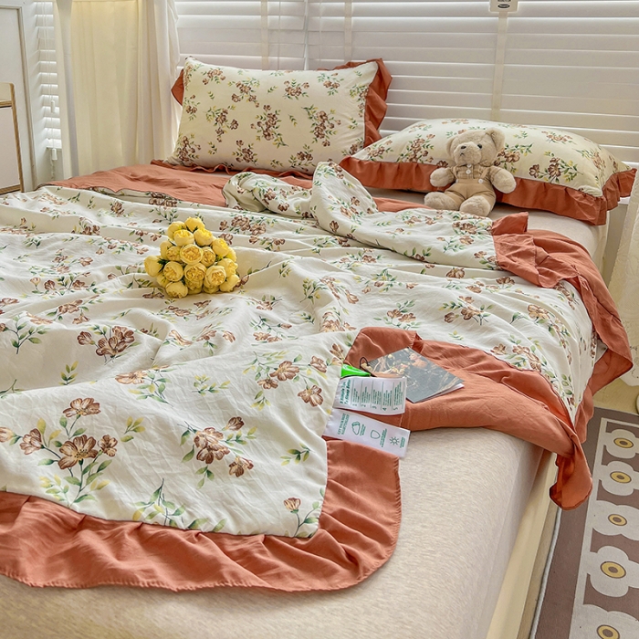 91家纺网 家纺一手货源 找家纺 星巴K 2023新款仙女款荷叶边水洗棉夏被韩版夏凉被空调被 蜜橘