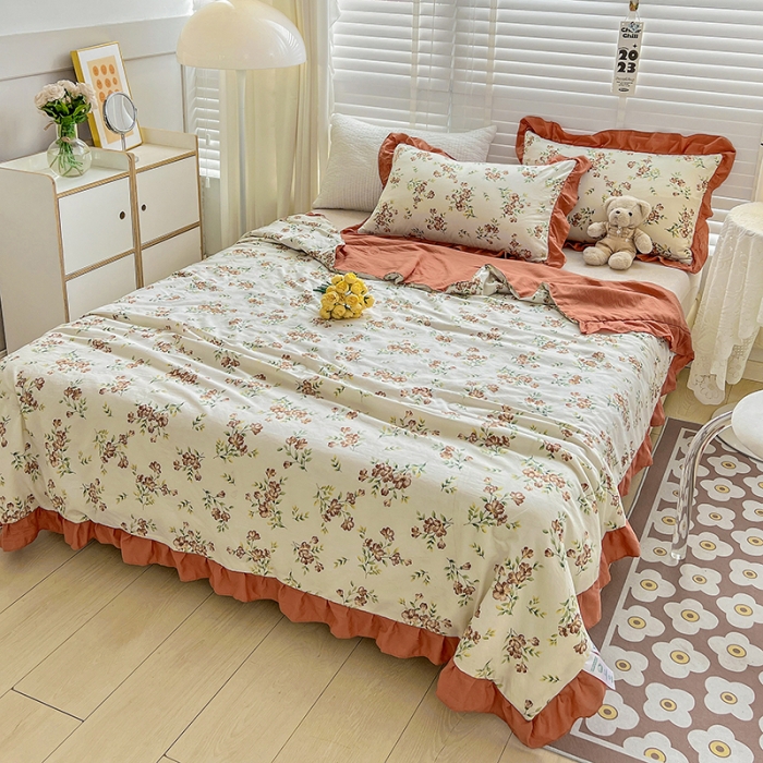 91家纺网 家纺一手货源 找家纺 星巴K 2023新款仙女款荷叶边水洗棉夏被韩版夏凉被空调被 茉莉