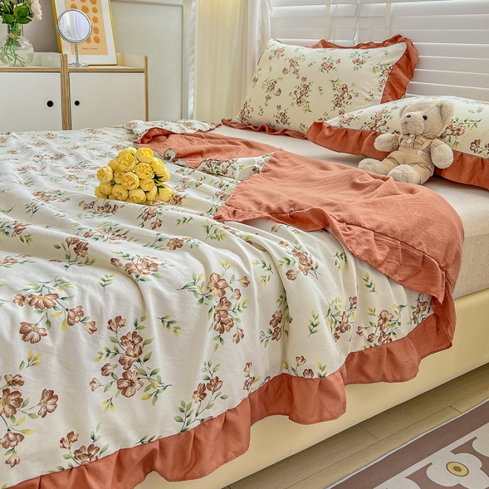 91家纺网 家纺一手货源 找家纺 星巴K 2023新款仙女款荷叶边水洗棉夏被韩版夏凉被空调被 茉莉