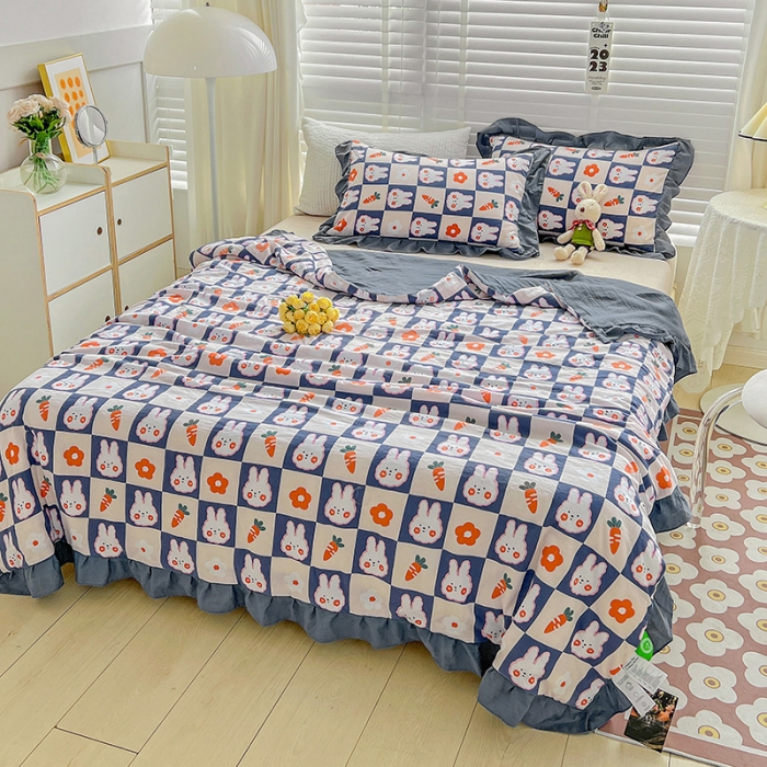 91家纺网 家纺一手货源 找家纺 星巴K 2023新款仙女款荷叶边水洗棉夏被韩版夏凉被空调被 幸运兔