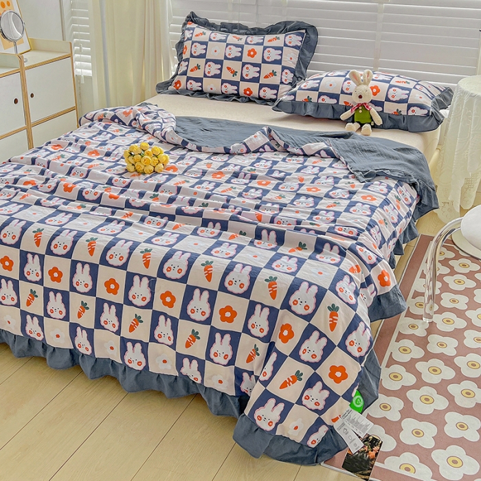 91家纺网 家纺一手货源 找家纺 星巴K 2023新款仙女款荷叶边水洗棉夏被韩版夏凉被空调被 幸运兔