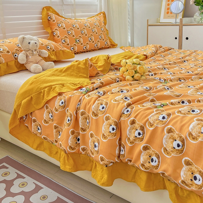 91家纺网 家纺一手货源 找家纺 星巴K 2023新款仙女款荷叶边水洗棉夏被韩版夏凉被空调被 熊宝