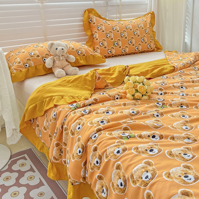 91家纺网 家纺一手货源 找家纺 星巴K 2023新款仙女款荷叶边水洗棉夏被韩版夏凉被空调被 熊宝