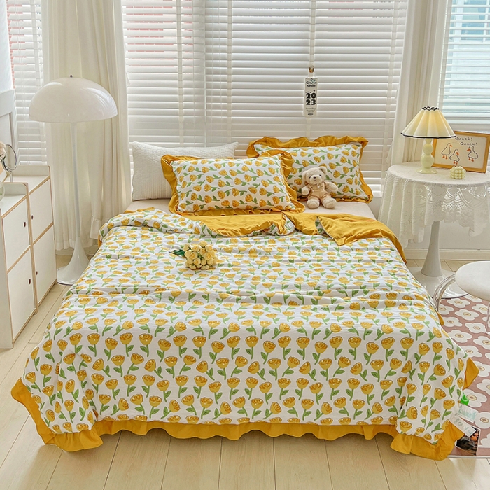 91家纺网 家纺一手货源 找家纺 星巴K 2023新款仙女款荷叶边水洗棉夏被韩版夏凉被空调被 郁金香