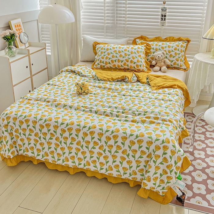 91家纺网 家纺一手货源 找家纺 星巴K 2023新款仙女款荷叶边水洗棉夏被韩版夏凉被空调被 郁金香