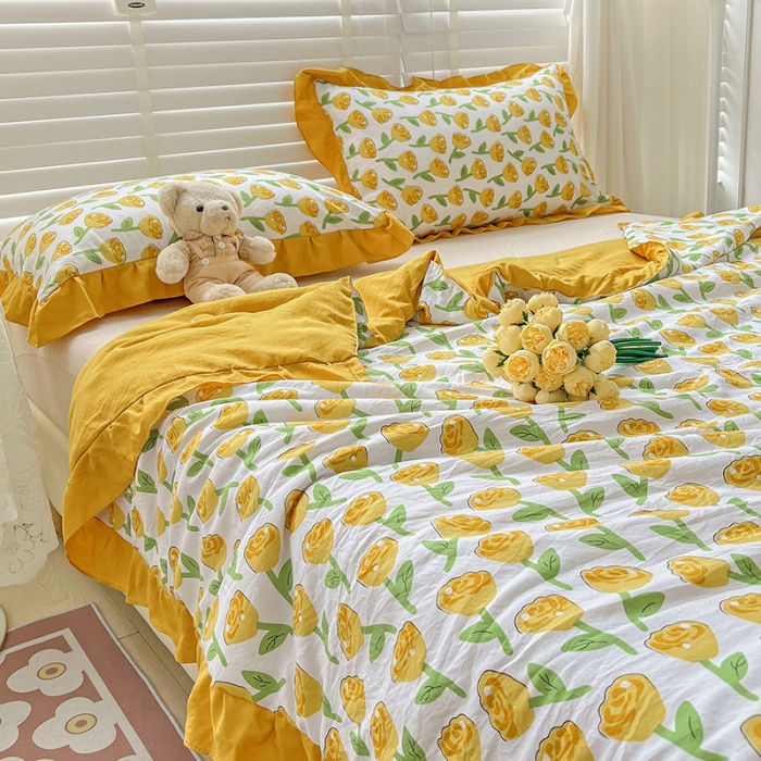 91家纺网 家纺一手货源 找家纺 星巴K 2023新款仙女款荷叶边水洗棉夏被韩版夏凉被空调被 郁金香