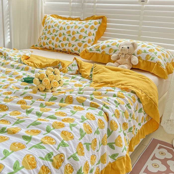 91家纺网 家纺一手货源 找家纺 星巴K 2023新款仙女款荷叶边水洗棉夏被韩版夏凉被空调被 郁金香